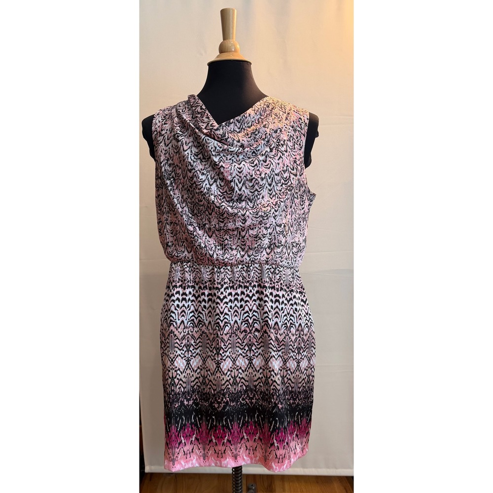 Dana Buchman Pink Black Ikat Print Cowl Neck Sleeveless Blouson Dress XL